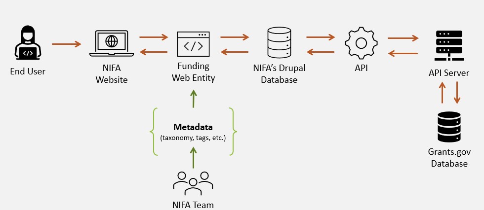 Diagram of the grants.gov API integration flow with NIFA's Drupal site