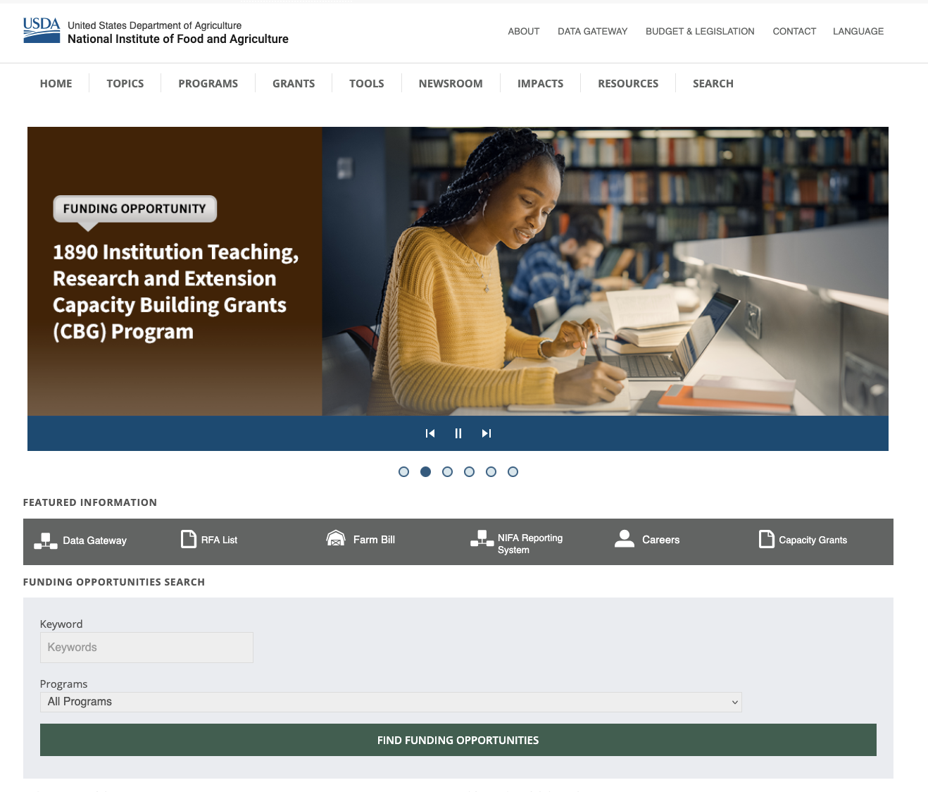 The legacy NIFA homepage on Drupal 7 with a rotating funding opportunity carousel and dated layout