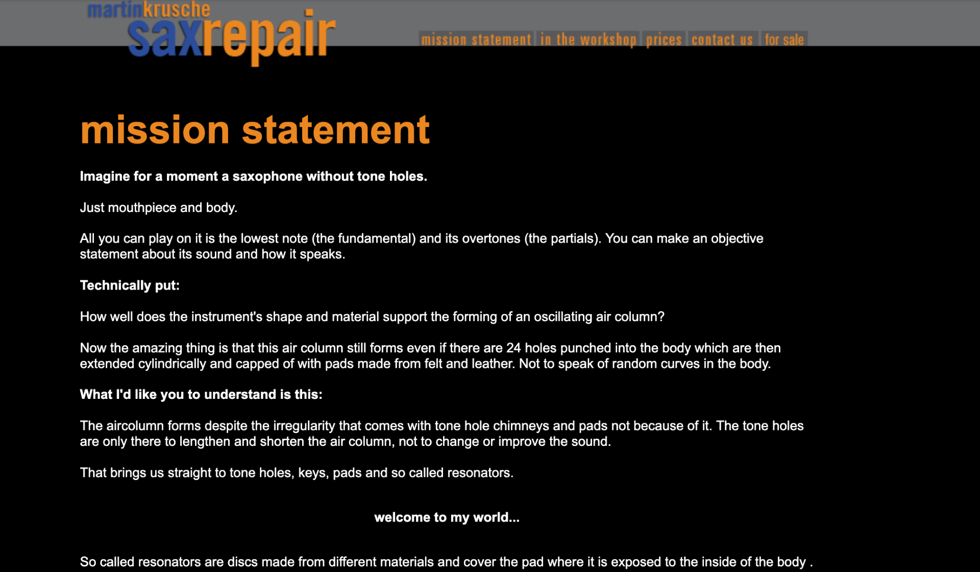 Original Martin Krusche sax repair website with gray header and dense black-background text